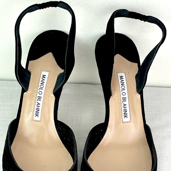 Manolo Blahnik Black Suede Lace Pattern Mesh Suede Slingback Pumps Size 39 - Picture 3 of 7